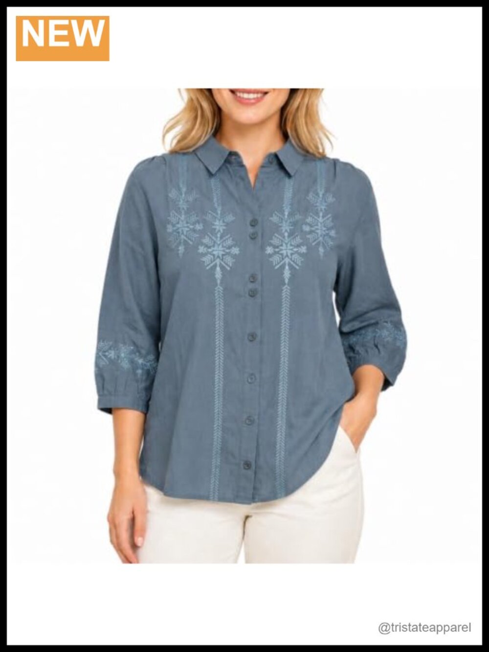 Women's 3/4 Sleeve Boho Blouse Cotton Embroidered Peasant Top